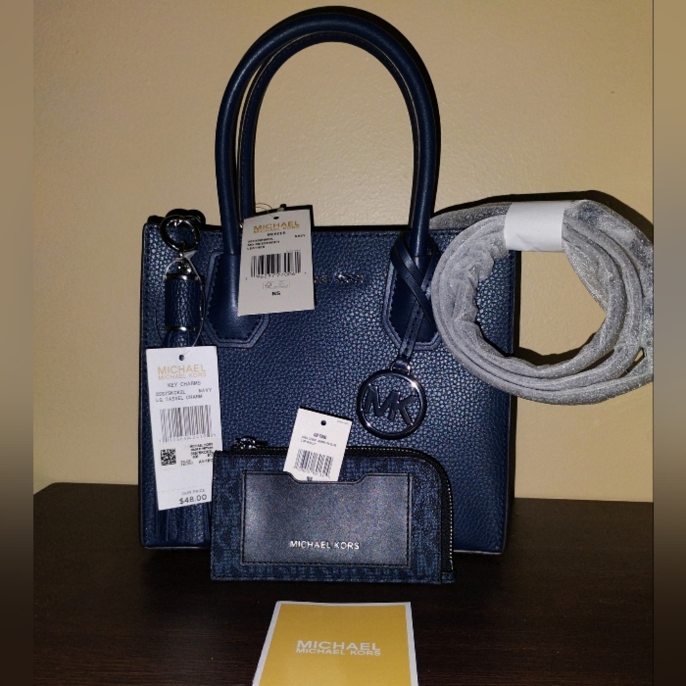 NEW Michael Kors MD Mercer Bag Crossbody Wallet And Tassel Bag Charm Navy Blue